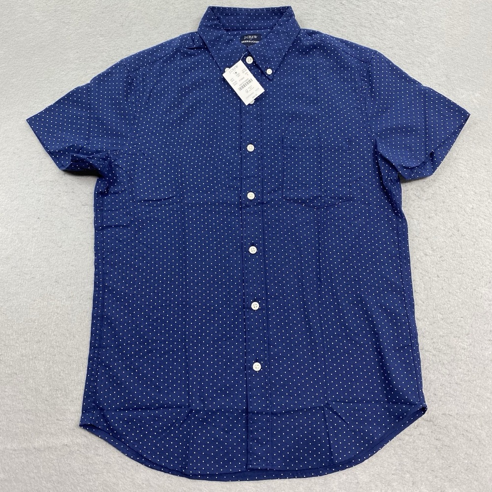 J Crew Shirt Mens S Blue Button Down Seersucker Polka Dot Short Sleeve